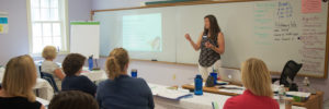 A presenter is standing in the front of the room referencing a slide show presentation while speaking to a group of educators seated in rows.