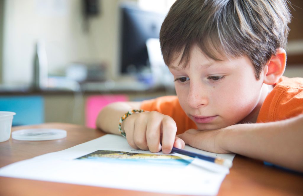 A young boy looking intently at a book holding a pencil.