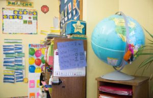 Colorful teaching resources within an elementary classroom.