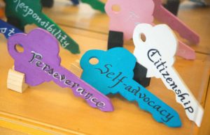Various colored key with positive skills written on them.